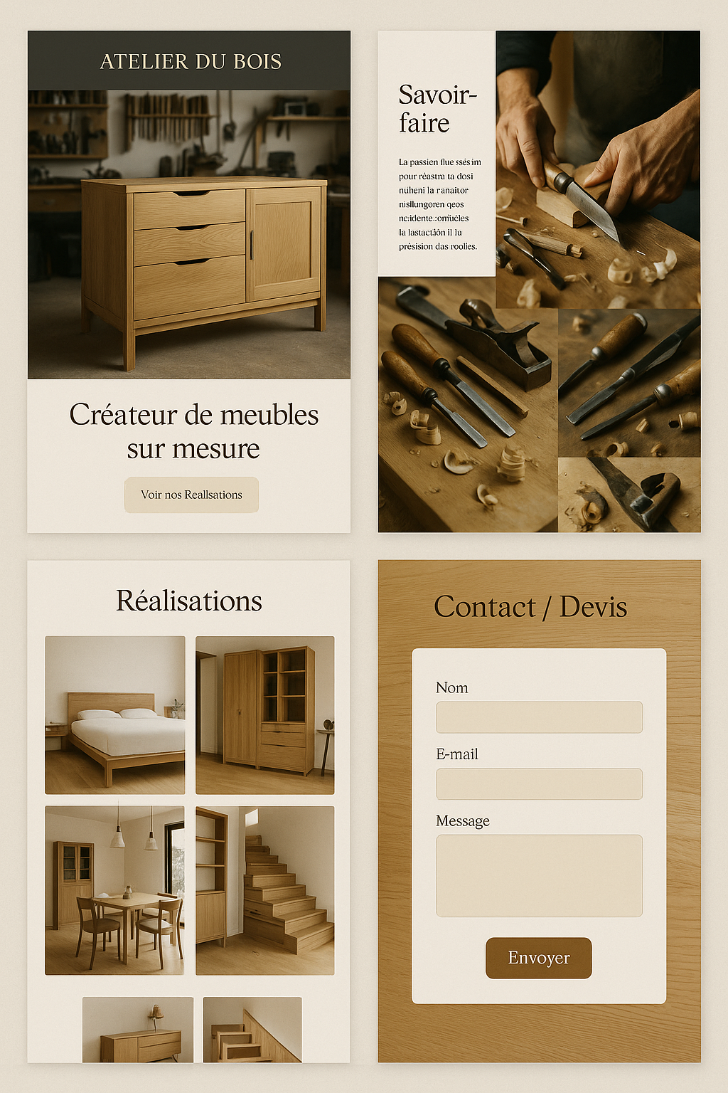 Aperçu du projet Atelier du Bois, un site vitrine minimaliste pour un artisan ébéniste mettant en avant textures naturelles, design sobre et développement Next.js.