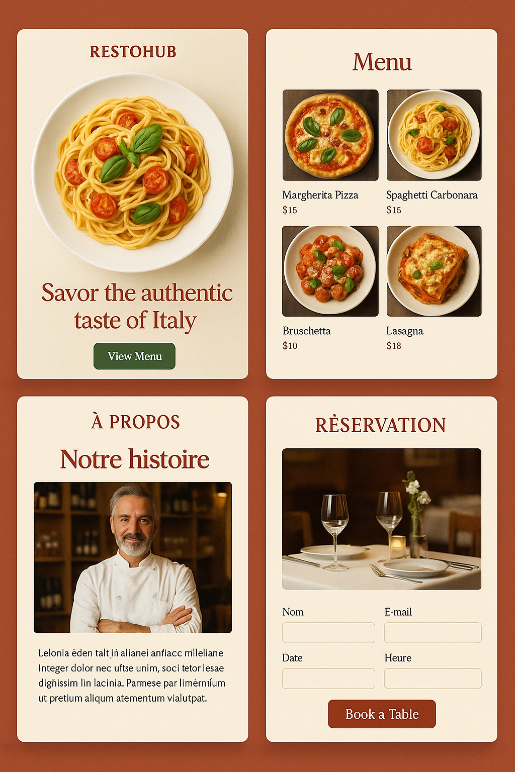 Aperçu du projet RestoHub, une interface moderne pour un restaurant italien avec design chaleureux, typographies élégantes et développement Next.js.